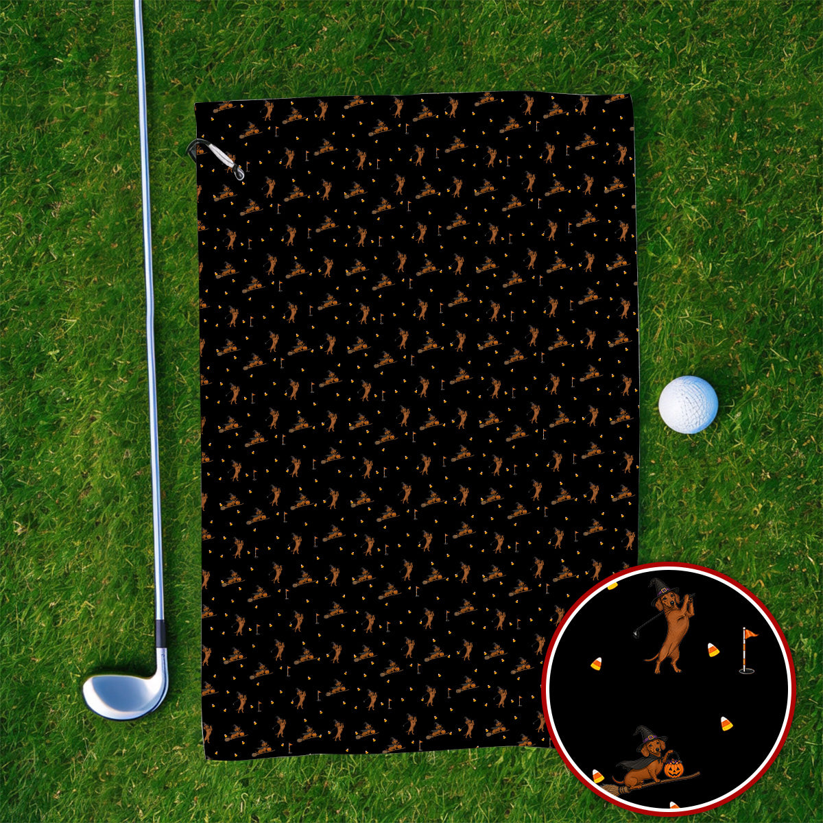 Funny Witch Dachshund Golf Towel, Halloween Wiener Dog Pattern Golf Towels, Golf Gift for Golfer