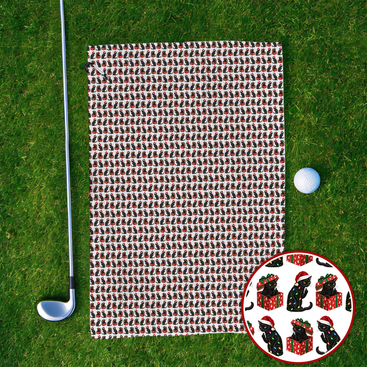 Black Cat Christmas Pattern Golf Towels, Funny Christmas Cat Golf Towel, Holiday Gift for Cat Lovers