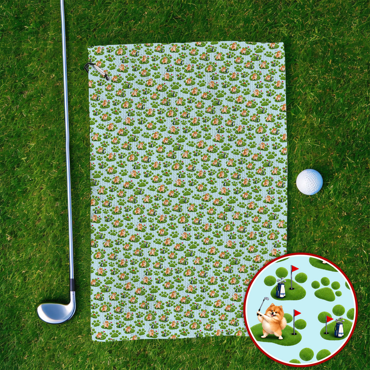 Pomeranian Paw Pattern Golf Towels, Cute Fluffy Pom Dog Pattern Golf Towel, Crazy Golf Gift For Golfers