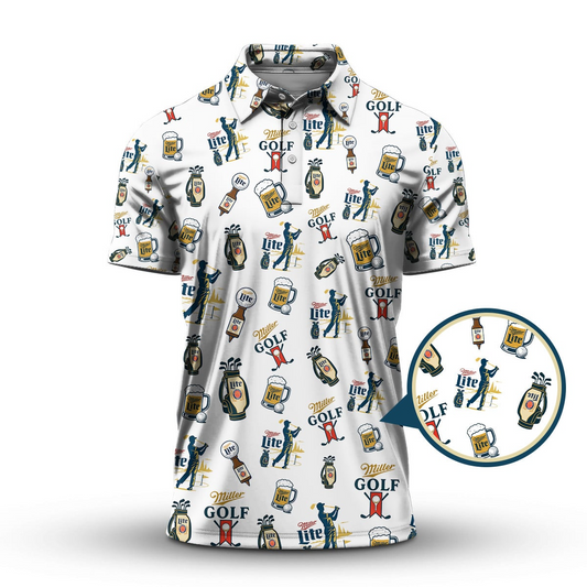 Miller Lite Pattern Golf Shirt, Funny Beer And Golf Polos For Men, Crazy Golf Gift For Men