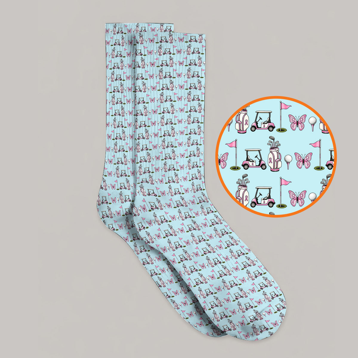 Pink Ribbon Fairway Golf Socks, Breast Cancer Support Golf Cart & Butterfly Pattern Sock, Awareness Gift for Golfers
