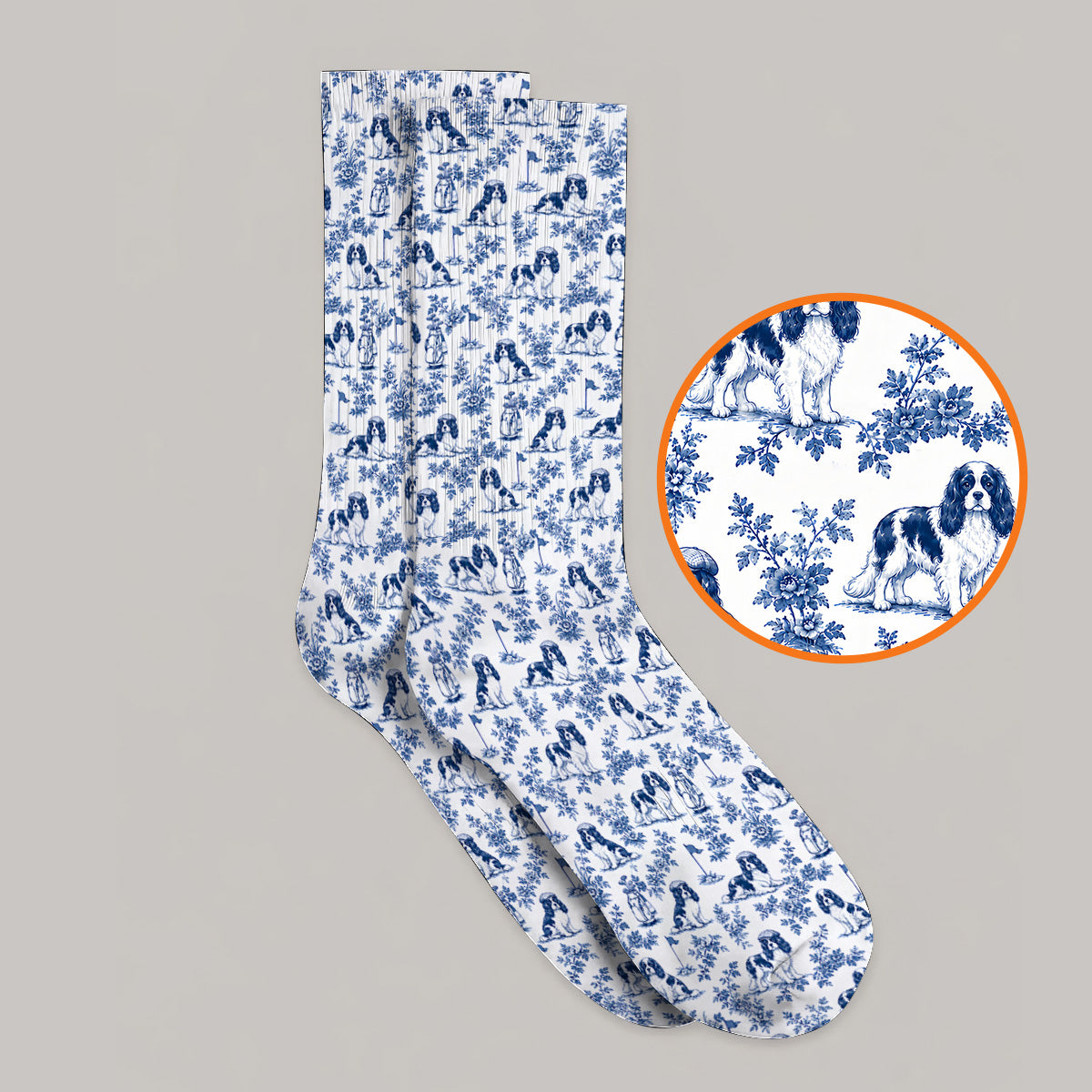 Funny Cavalier King Charles Spaniel Golf Sock, Toile de Jouy Cavalier Pattern Golf Socks, Golf Gift For Golfer