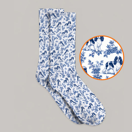 Funny Cavalier King Charles Spaniel Golf Sock, Toile de Jouy Cavalier Pattern Golf Socks, Golf Gift For Golfer