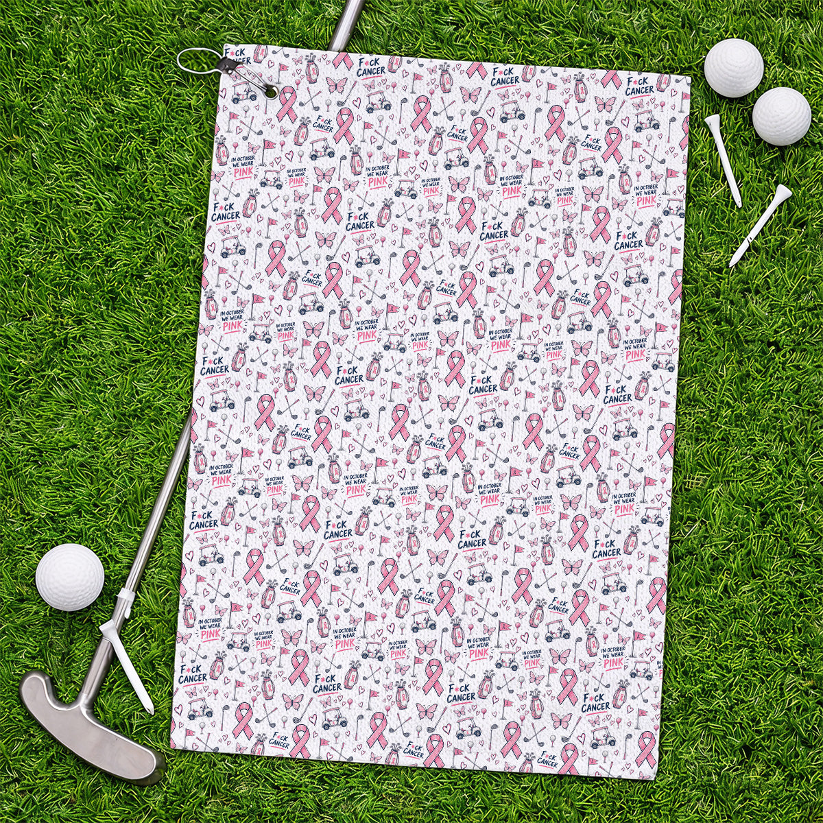 Fight Cancer Golf Towels, Pink Ribbon Golf Cart Pattern Towel, Breast Cancer Awareness Gift for Golfers