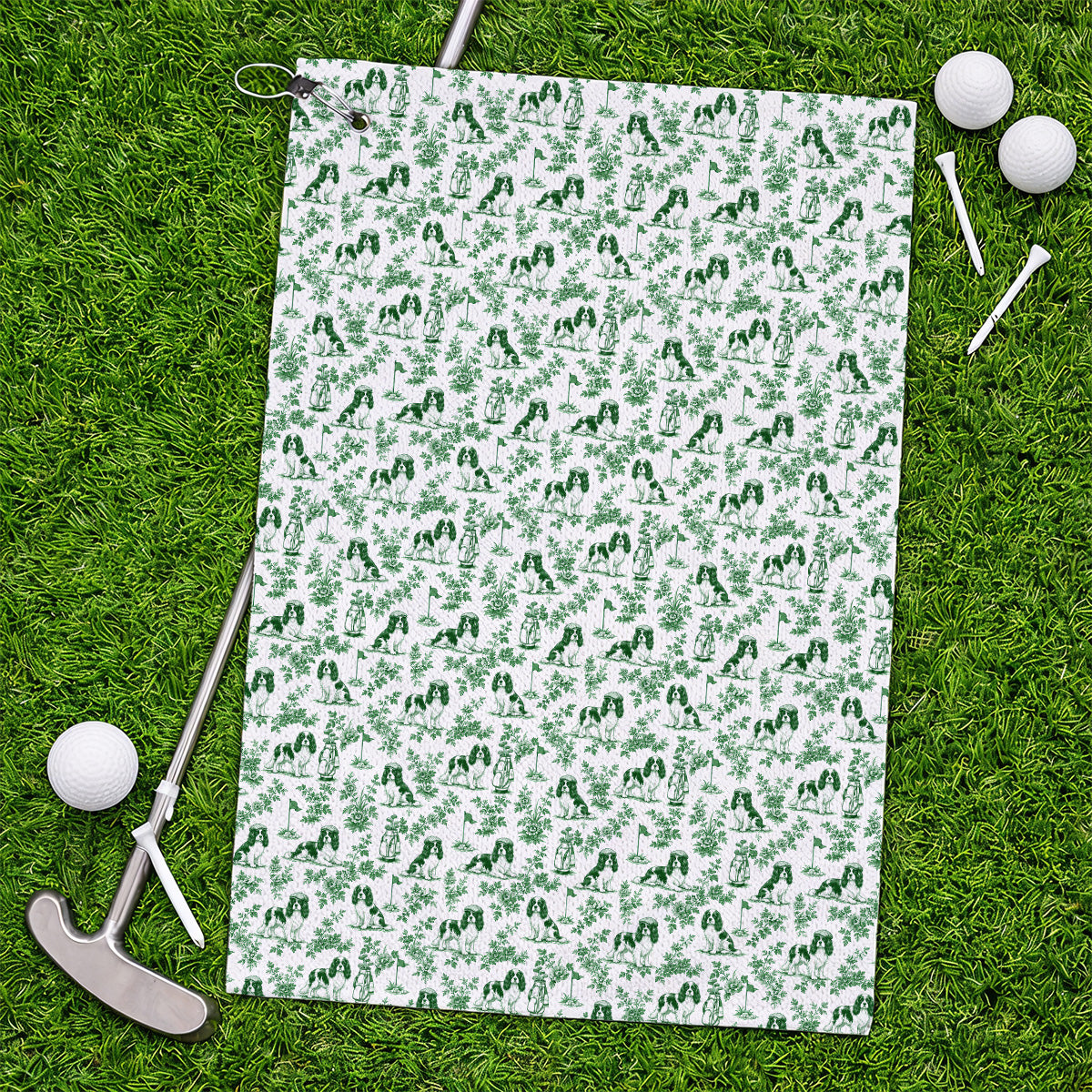 Funny Cavalier King Charles Spaniel Golf Towel, Toile de Jouy Cavalier Pattern Golf Towels, Golf Gift For Golfer