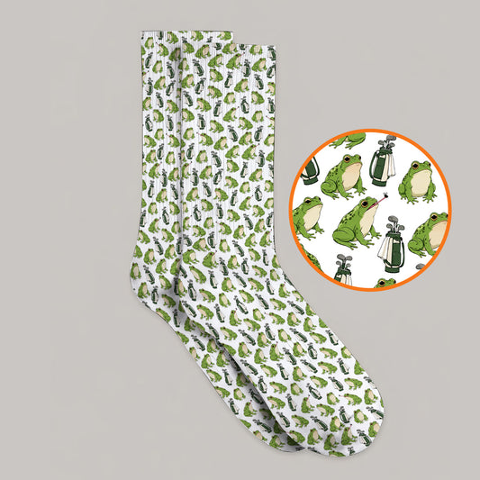 Cute Frog Golf Socks, Playful Frog & Golf Bag Pattern Sock, Funny Golf Gift For Frog Lovers