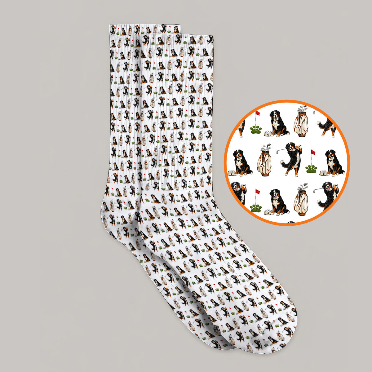 Bernese Mountain Dog Golf Pattern Socks, Bernese Golf Sock, Dog Lover Golf Gift