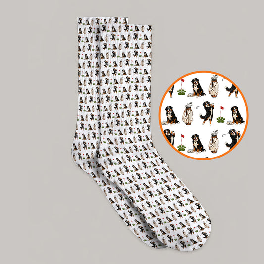 Bernese Mountain Dog Golf Pattern Socks, Bernese Golf Sock, Dog Lover Golf Gift