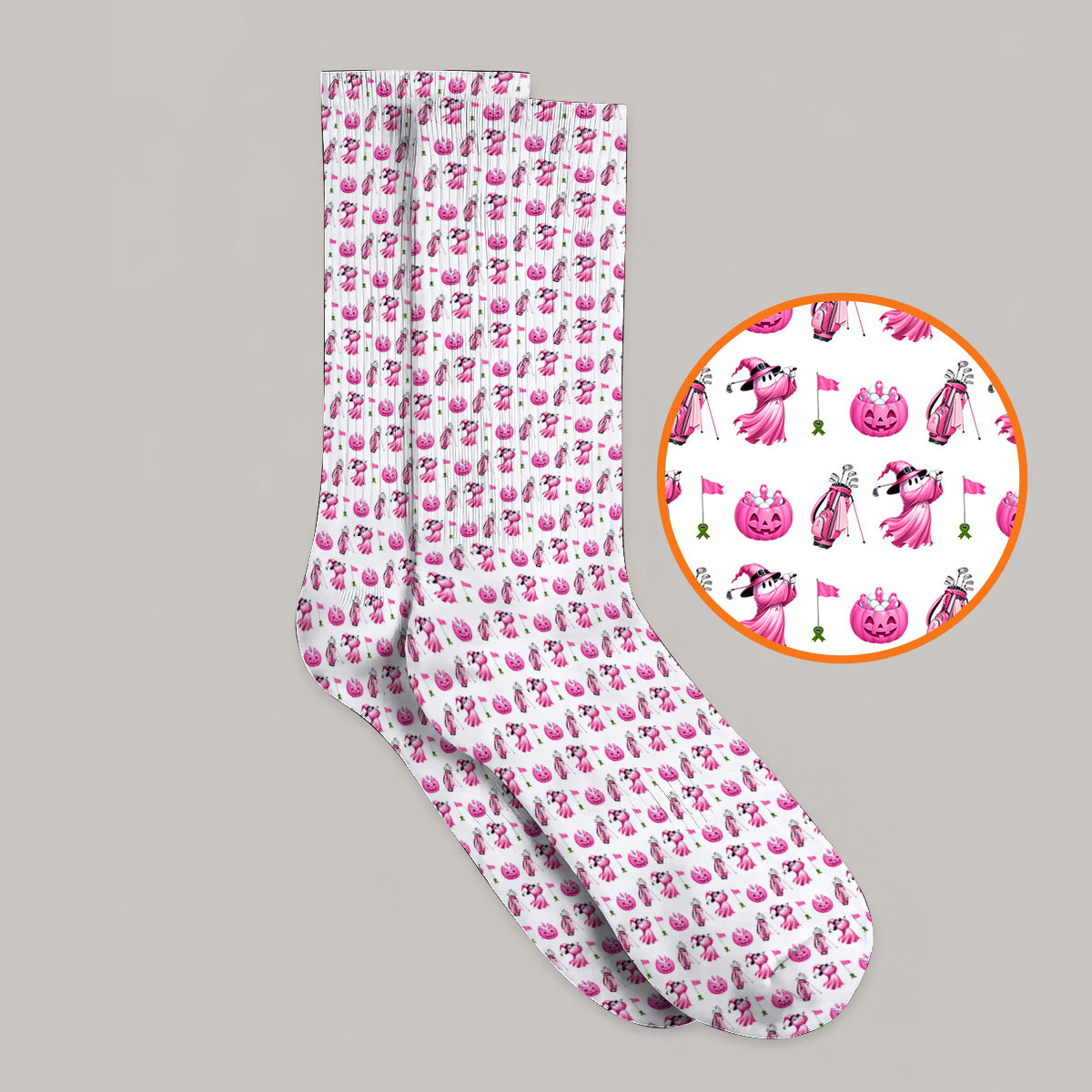 Pink Pumpkin Swing Breast Cancer Awareness Golf Socks, Halloween Golf & Pink Ribbon Pattern Sock, October Golf Gift For Golfer