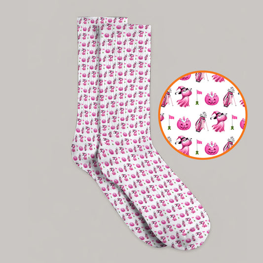 Pink Pumpkin Swing Breast Cancer Awareness Golf Socks, Halloween Golf & Pink Ribbon Pattern Sock, October Golf Gift For Golfer