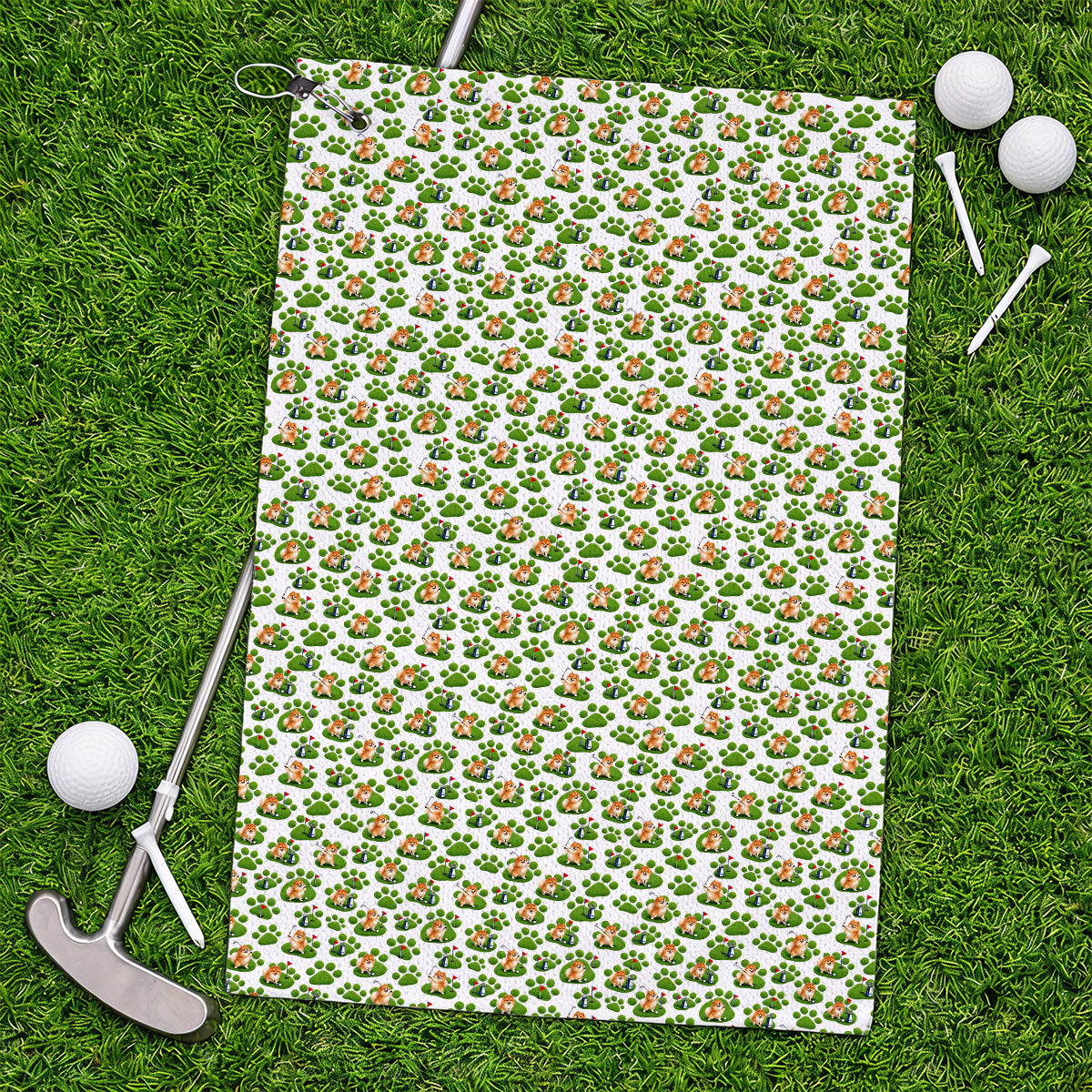 Pomeranian Paw Pattern Golf Towels, Cute Fluffy Pom Dog Pattern Golf Towel, Crazy Golf Gift For Golfers