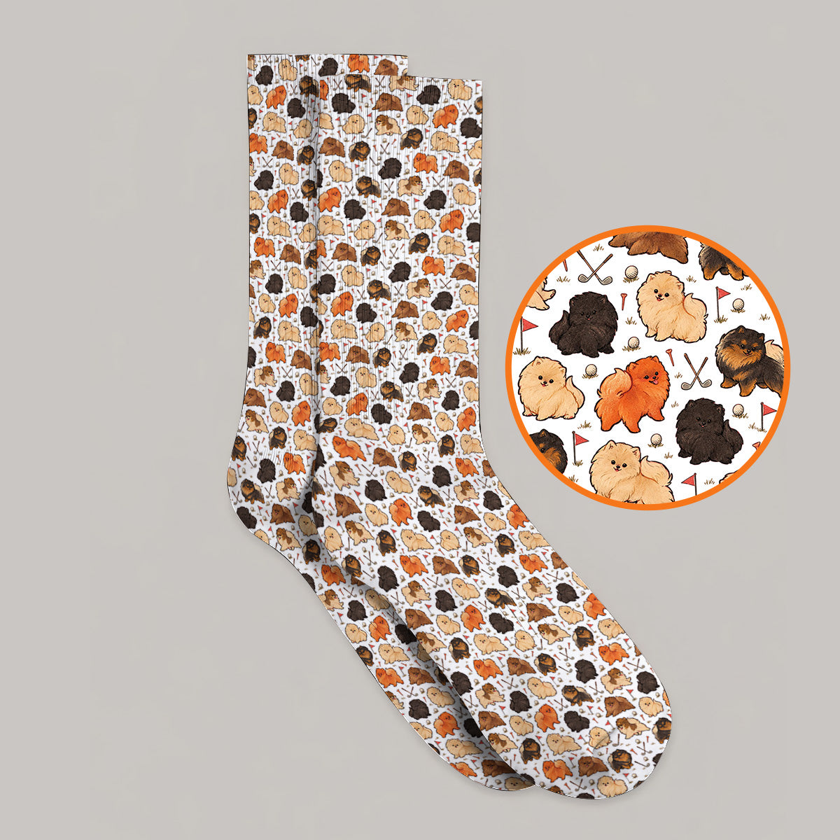 Funny Pomeranian Golf Socks, Pom Dog & Golf Pattern Sock, Golf Gift For Golfer