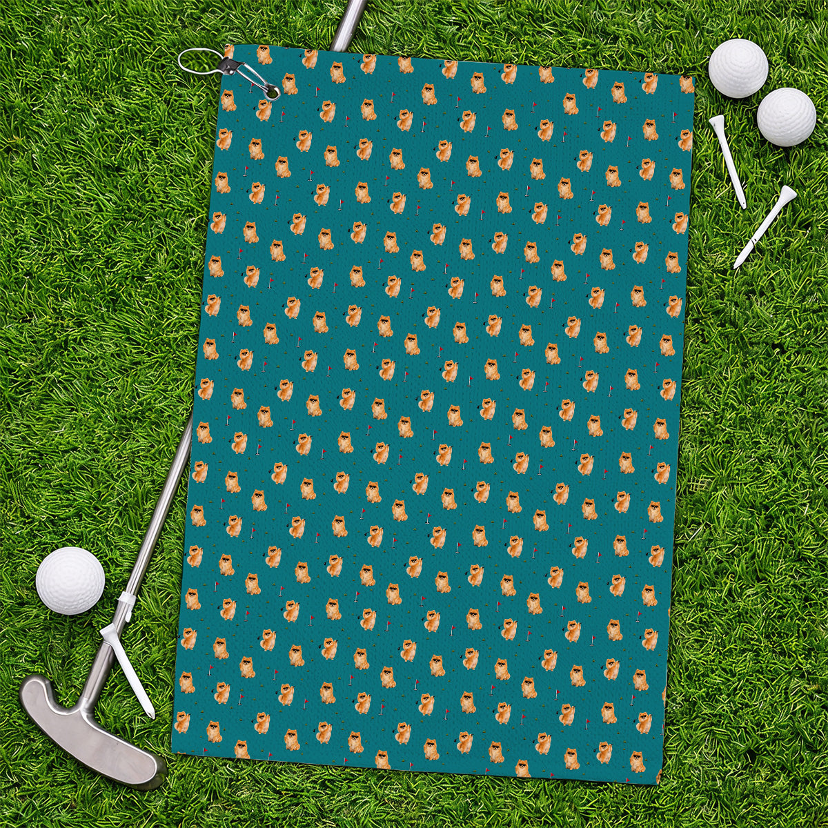 Golden Pomeranian Pattern Golf Towel, Cute Pomeranian Dog Golf Towels, Golf Gift For Golfer