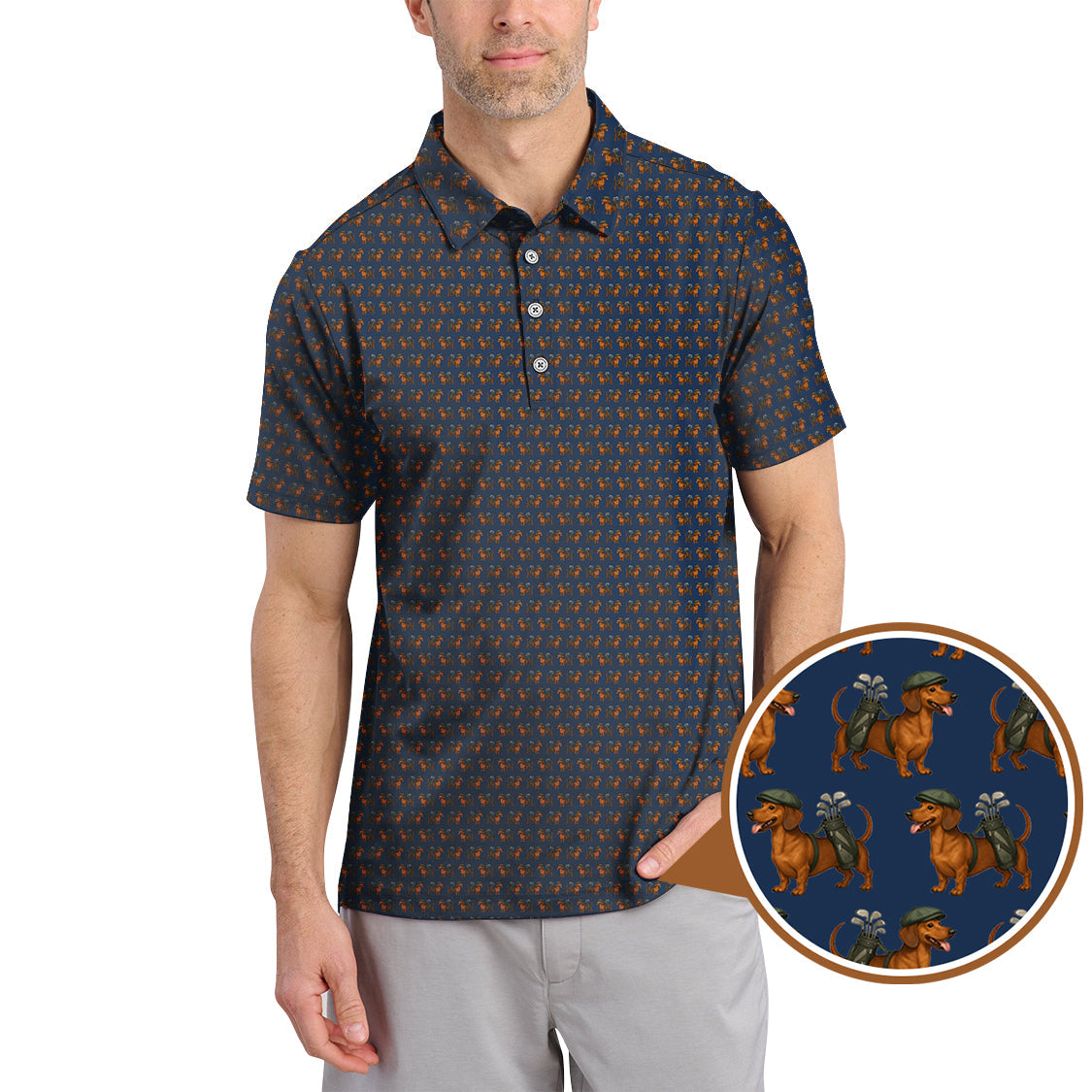 Dachshund Pattern Golf Polos, Crazy Dachshund Golf Shirt For Men, Funny Golf Shirt For Golfer