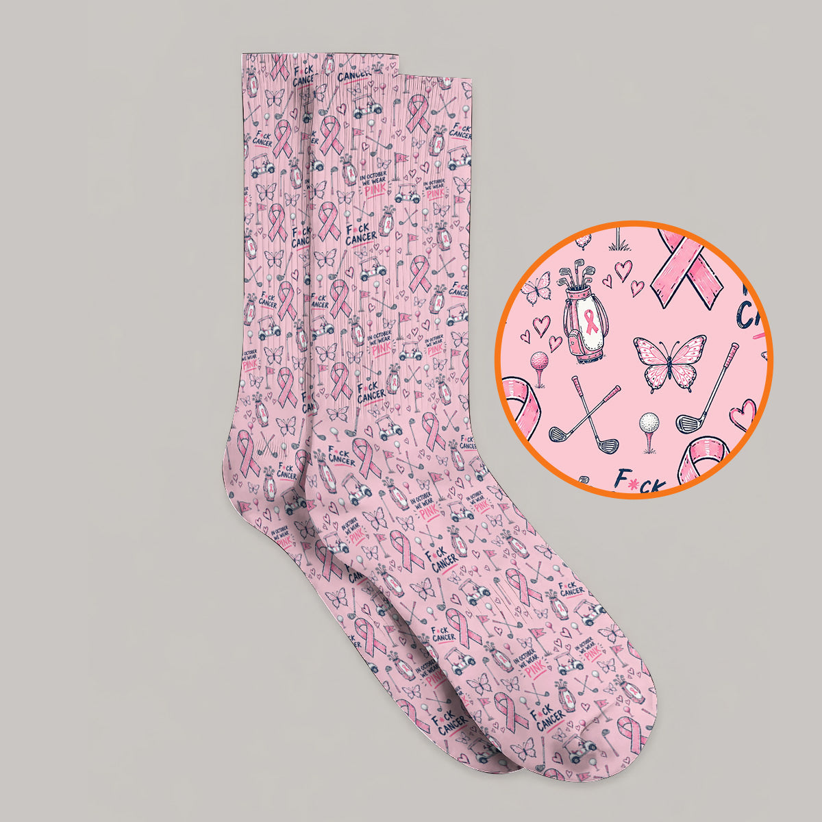 Fight Cancer Golf Socks, Pink Ribbon Golf Cart Pattern Sock, Breast Cancer Awareness Gift for Golfers