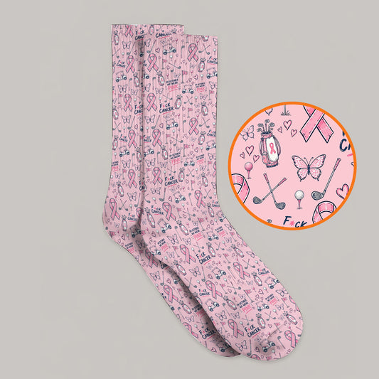 Fight Cancer Golf Socks, Pink Ribbon Golf Cart Pattern Sock, Breast Cancer Awareness Gift for Golfers