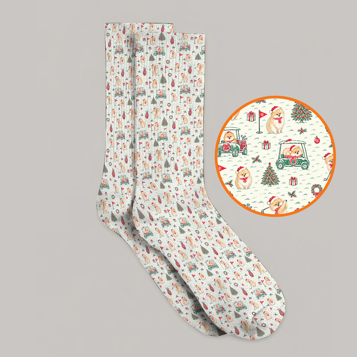 Funny Xmas Pomeranian Golf Socks, Pom Dog & Holiday Golf Cart Pattern Sock, Christmas Golf Gift For Dog Lovers