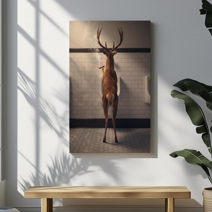 Smoking Deer Bathroom Canvas – Rustic Cabin Wall Art for Men