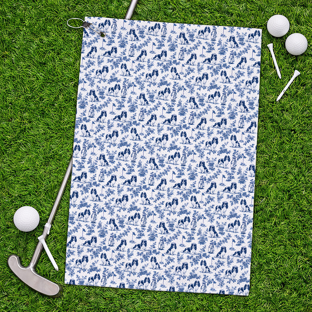 Funny Cavalier King Charles Spaniel Golf Towel, Toile de Jouy Cavalier Pattern Golf Towels, Golf Gift For Golfer