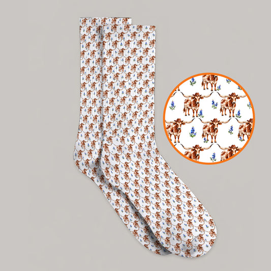 Crazy Texas Golf Socks, Western Cowboy Longhorn Patatern Golf Sock, Texas Bluebonnet Golf Gift For Golfers
