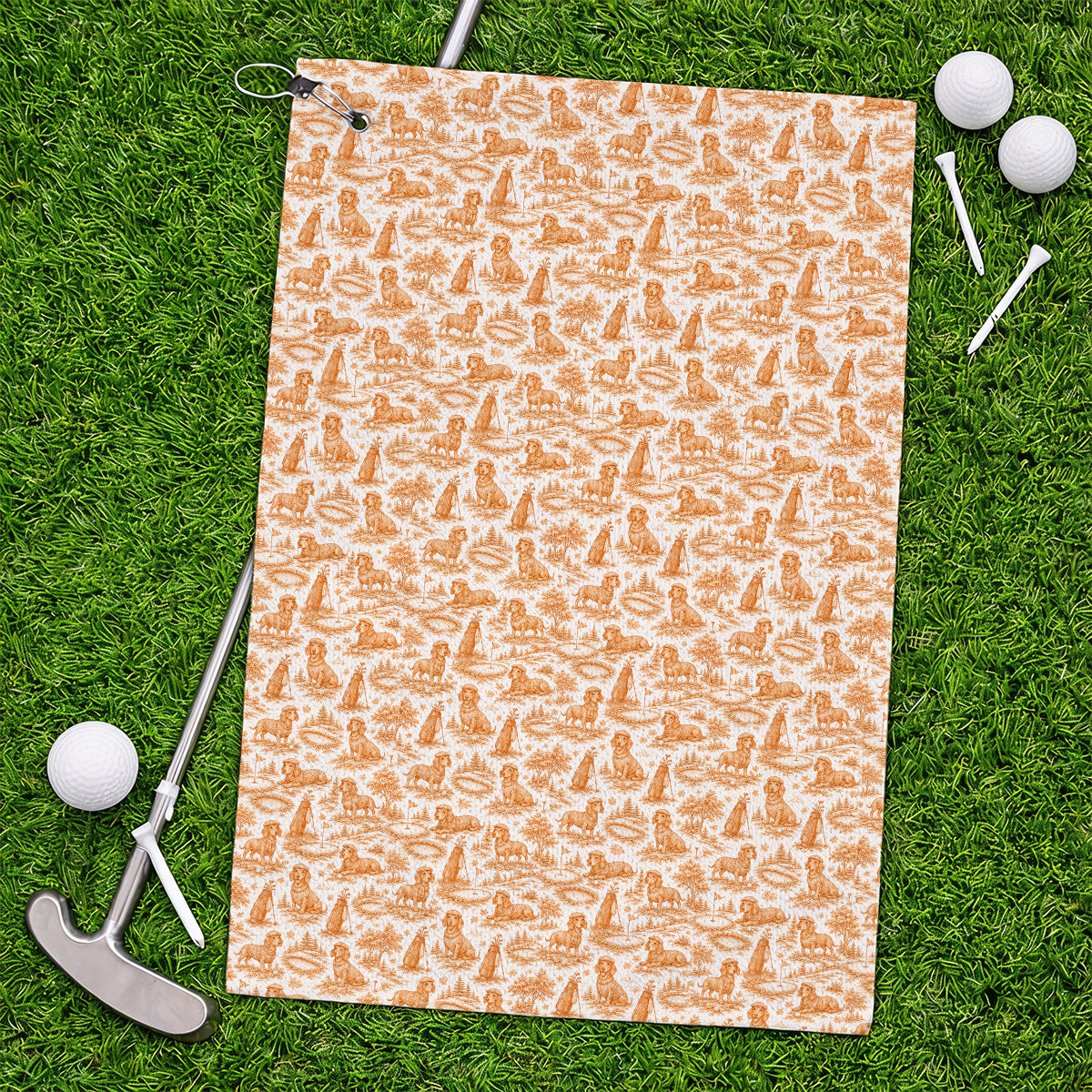 Dachshund Toile de Jouy Golf Towel, Autumn Wiener Dog Pattern Golf Towels, Crazy Golf Gift For Golfer