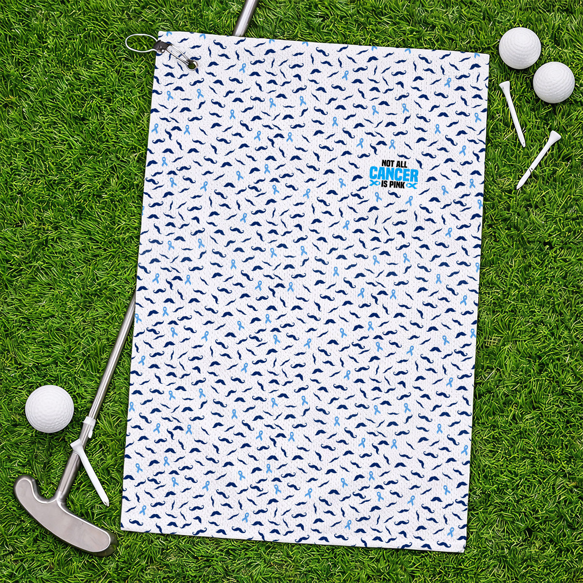 Prostate Cancer Awareness Golf Towels, Blue Ribbon Mustache Pattern Golf Towel, Support Gift for Golfers
