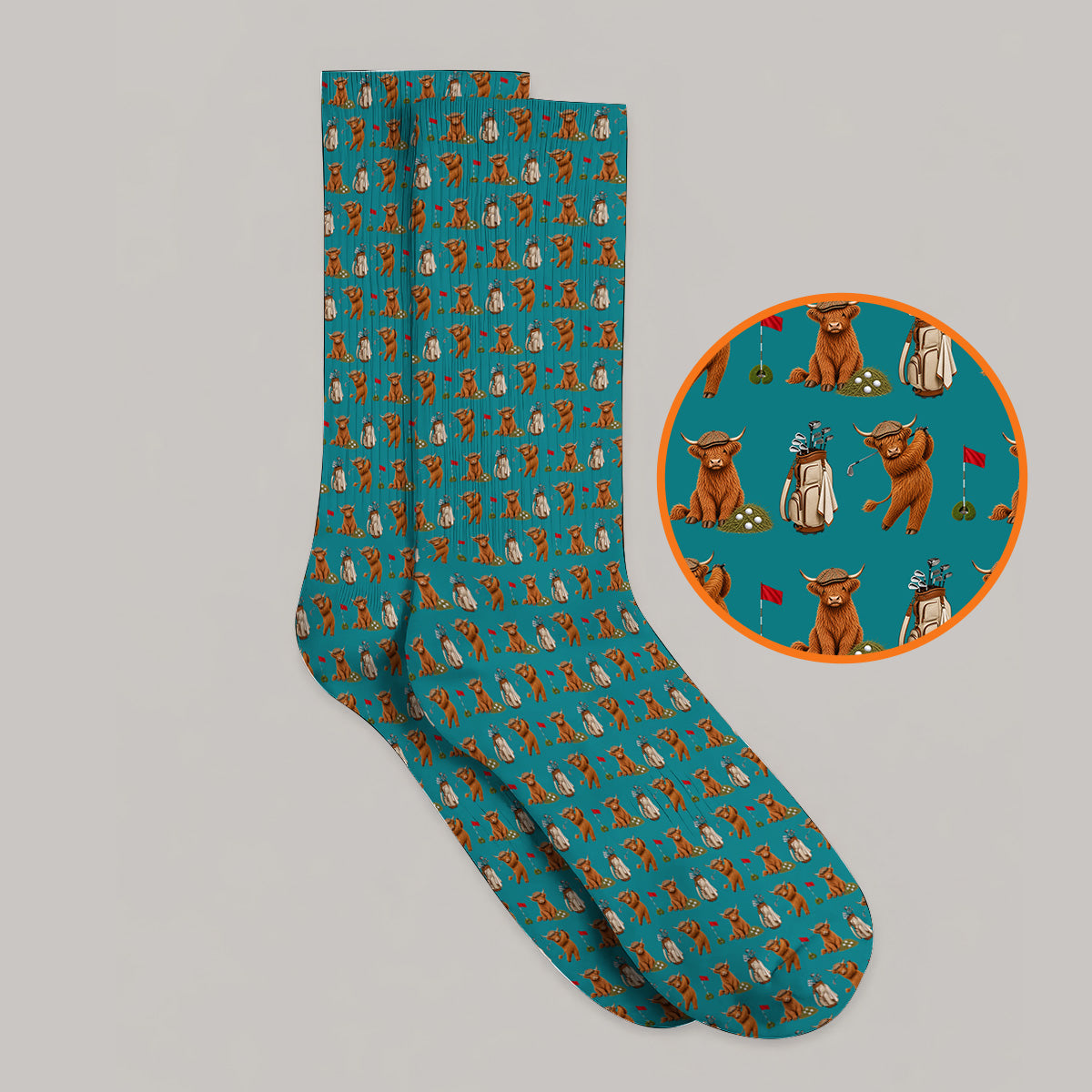 Funny Highland Cow Golf Sock, Highland Cow Pattern Golf Socks, Golf Gift For Golfer