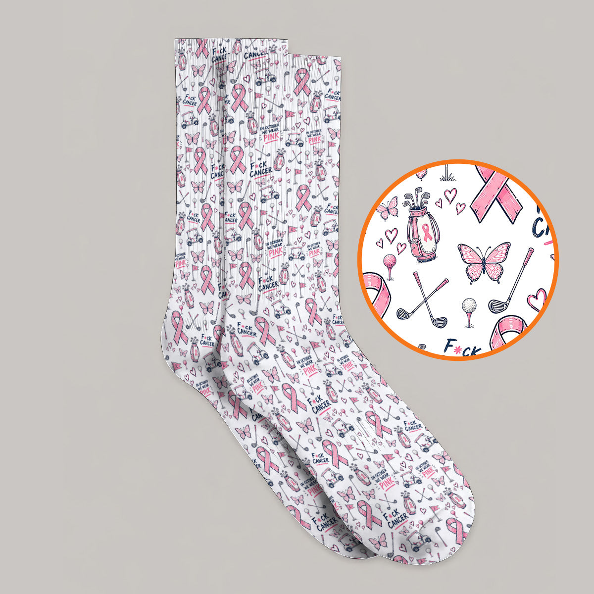 Fight Cancer Golf Socks, Pink Ribbon Golf Cart Pattern Sock, Breast Cancer Awareness Gift for Golfers