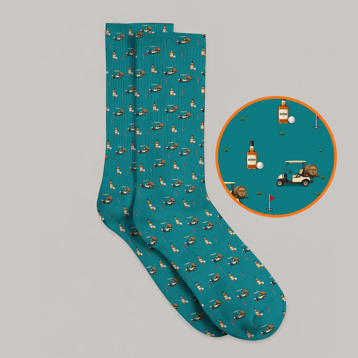 Bourbon Cart Golf Socks, Whiskey Barrel & Golf Course Pattern Sock, Funny Golf Gift For Golfer