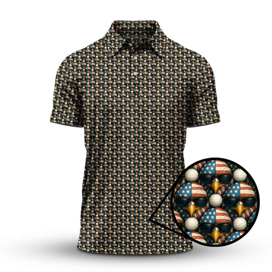 American Flag Eagle And Golf Ball Pattern Golf Polos, USA Golf Shirt, Crazy Golf Shirt For Men