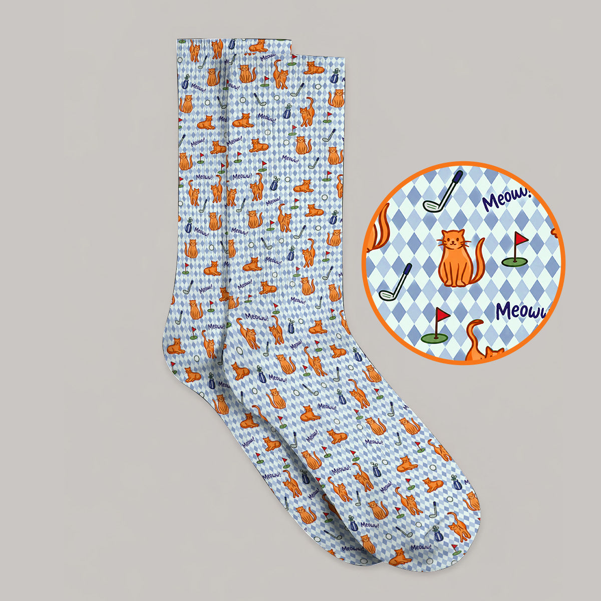 Cute Orange Cat Golf Socks, Meow Cat And Golf Pattern Sock, Funny Cat Golf Gift For Golfer