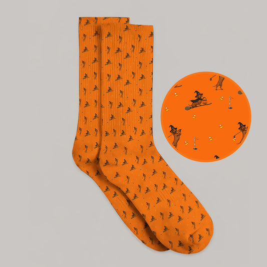 Funny Witch Dachshund Golf Sock, Halloween Wiener Dog Pattern Golf Socks, Golf Gift for Golfer
