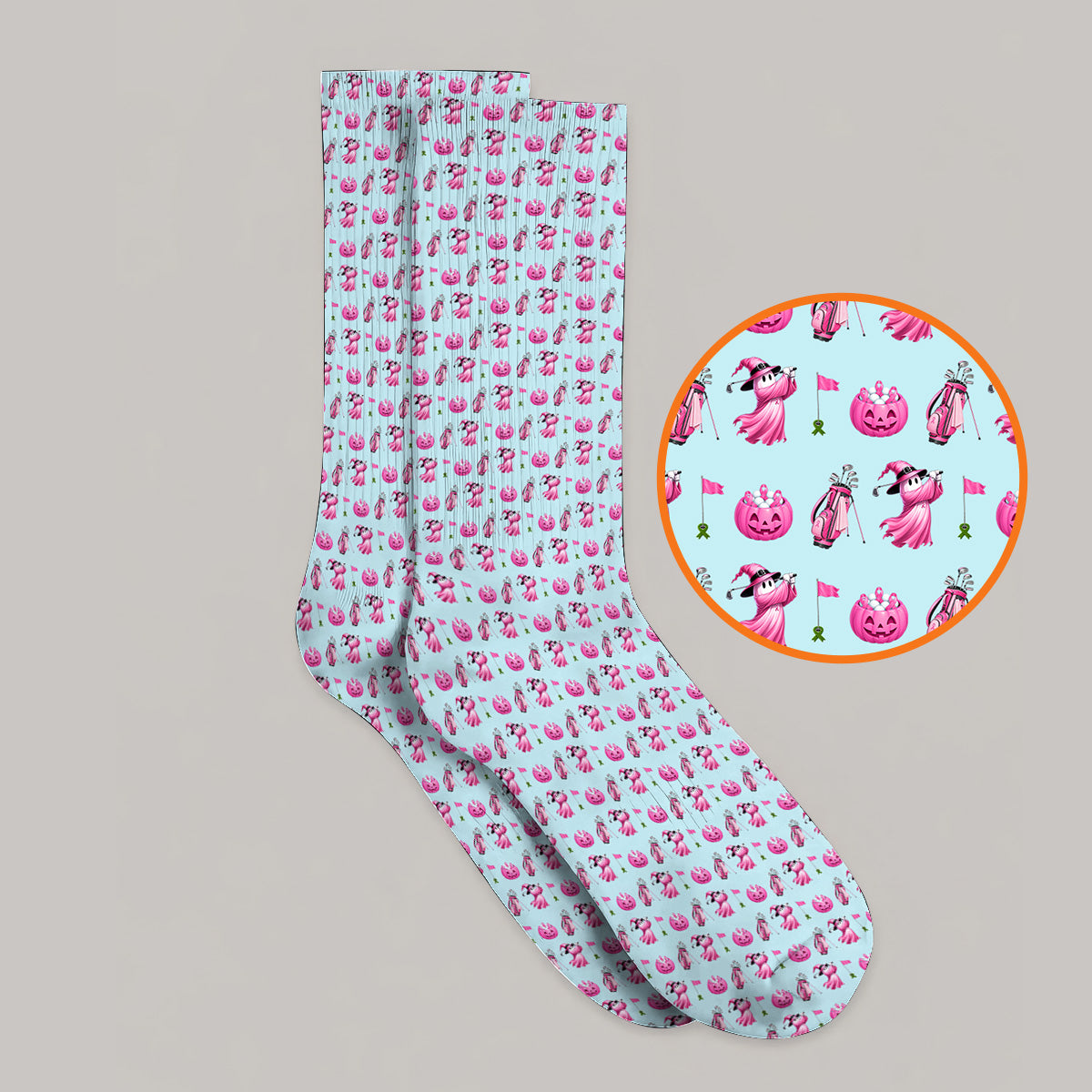 Pink Pumpkin Swing Breast Cancer Awareness Golf Socks, Halloween Golf & Pink Ribbon Pattern Sock, October Golf Gift For Golfer