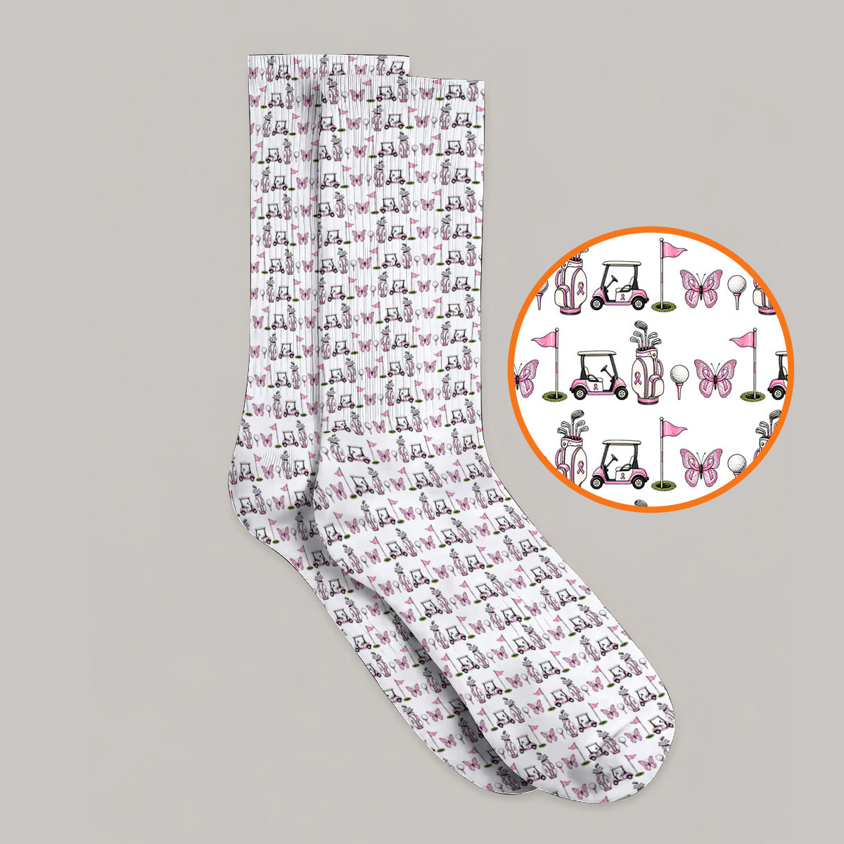 Pink Ribbon Fairway Golf Socks, Breast Cancer Support Golf Cart & Butterfly Pattern Sock, Awareness Gift for Golfers
