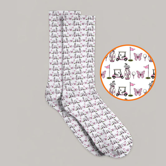 Pink Ribbon Fairway Golf Socks, Breast Cancer Support Golf Cart & Butterfly Pattern Sock, Awareness Gift for Golfers