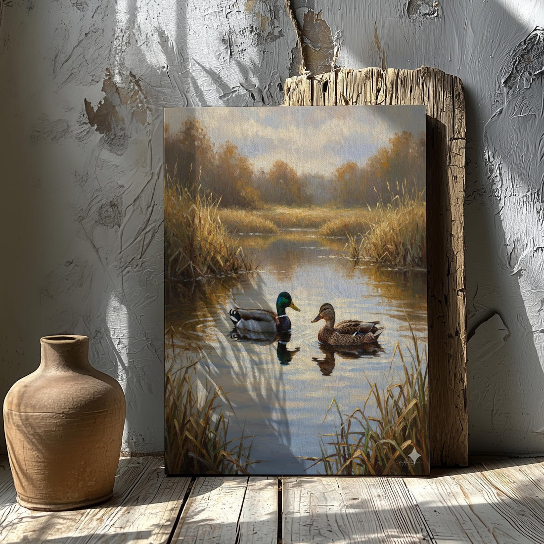 Duck Hunting Wall Art Canvas, Rustic Cabin Decor, Mallard Couple On Lake Print For Man Cave