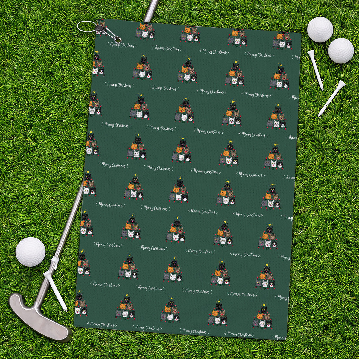 Meowy Christmas Cat Golf Towels, Festive Cat Christmas Pattern Golf Towel, Xmas Golf Gift For Cat Lovers