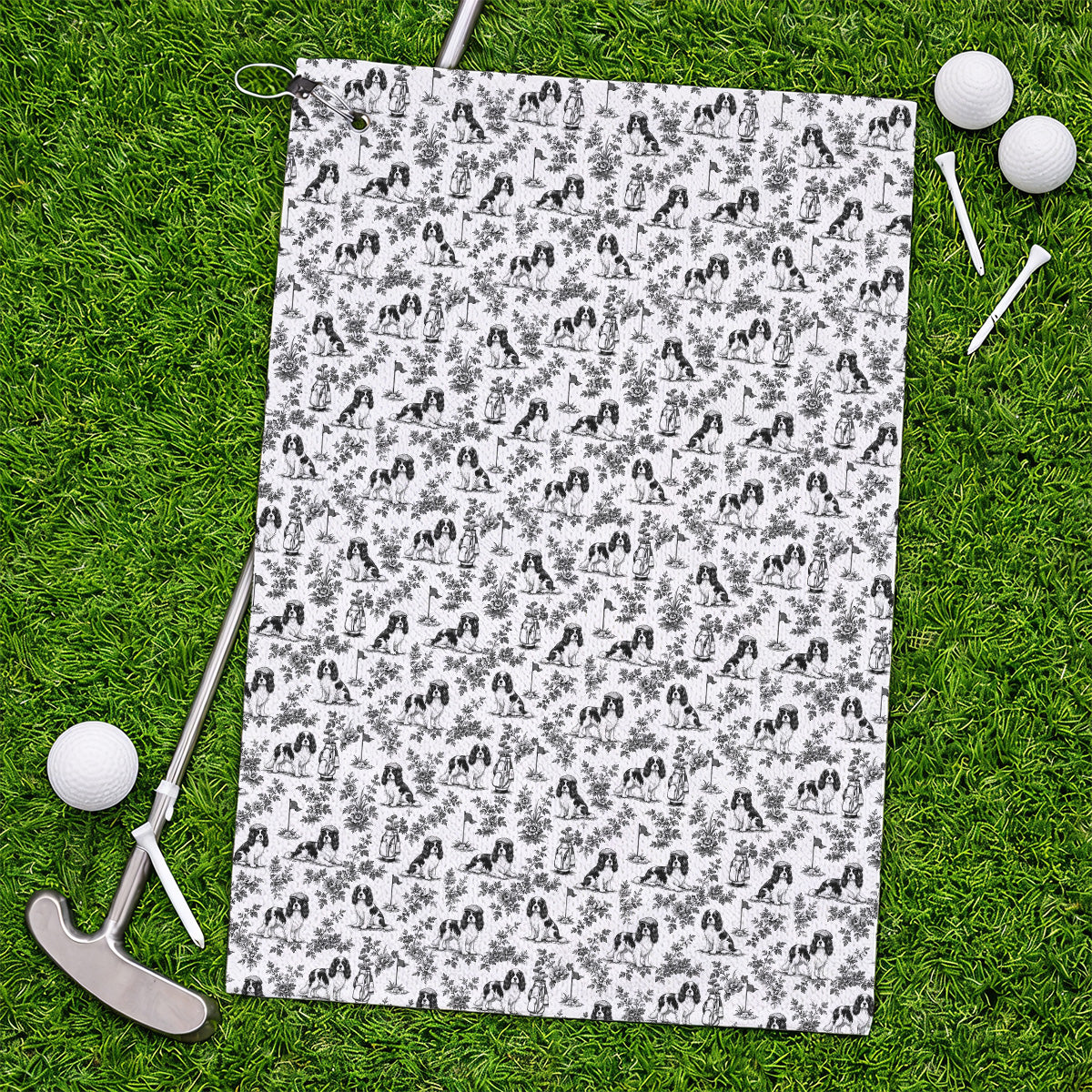Funny Cavalier King Charles Spaniel Golf Towel, Toile de Jouy Cavalier Pattern Golf Towels, Golf Gift For Golfer