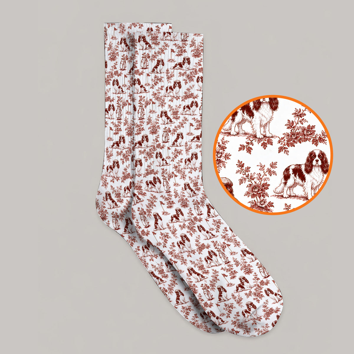 Funny Cavalier King Charles Spaniel Golf Sock, Toile de Jouy Cavalier Pattern Golf Socks, Golf Gift For Golfer