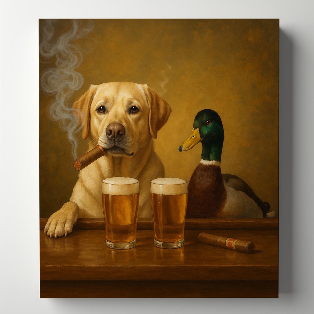 Funny Dog And Duck Beer Painting Canvas, Hunting Cabin Wall Art For Man Cave Decor