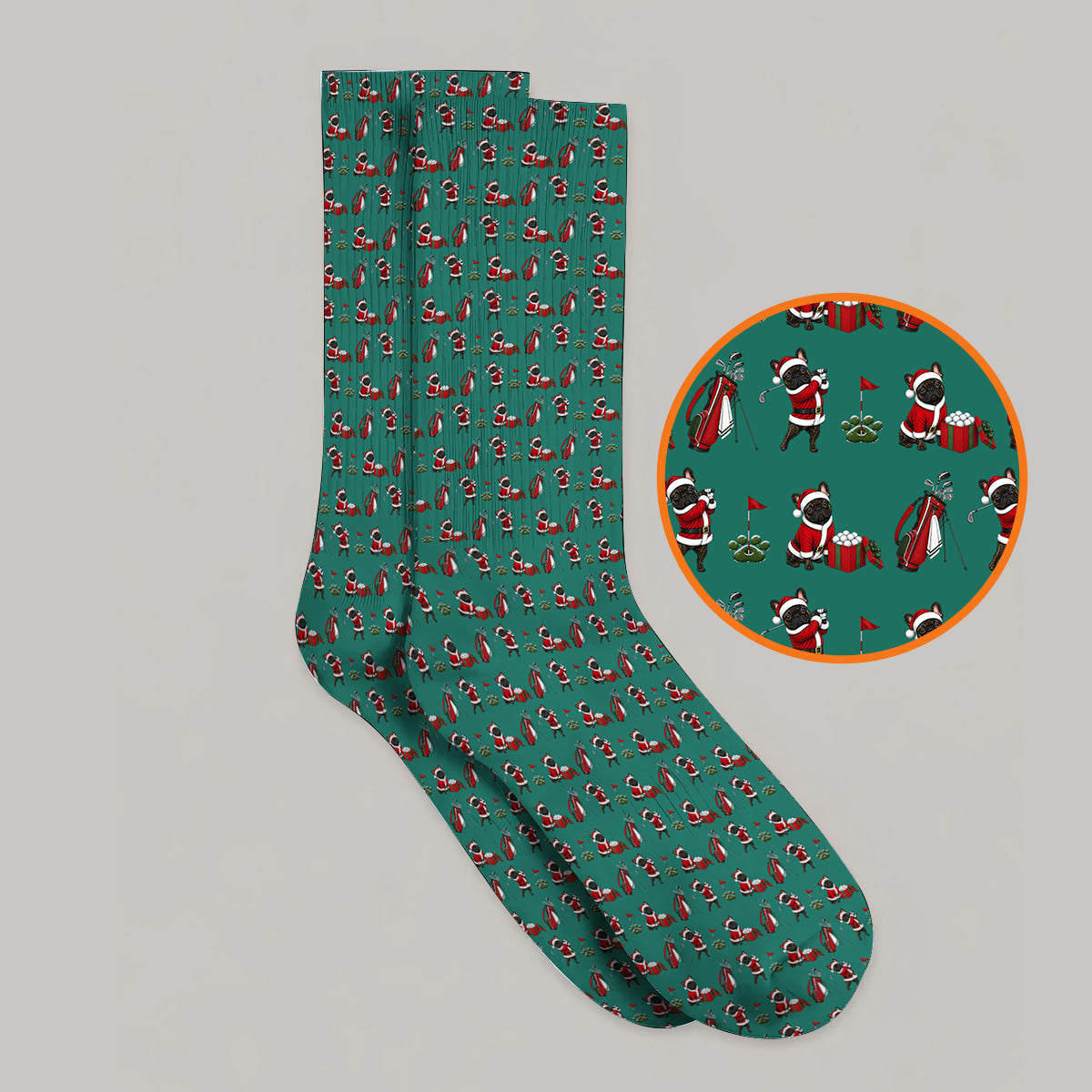 Christmas French BullDog Pattern Golf Socks, Funny Santa French BullDog Holiday Golf Sock, Xmas Golf Gift For Golfers