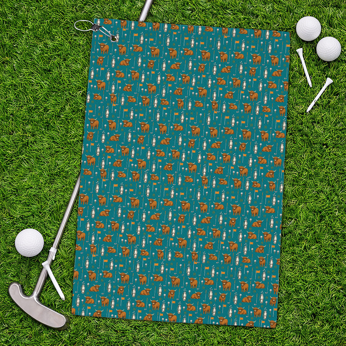 Highland Cow Fairway Towels, Highland Cow Golf Pattern Towel, Golf Gift For Golfer