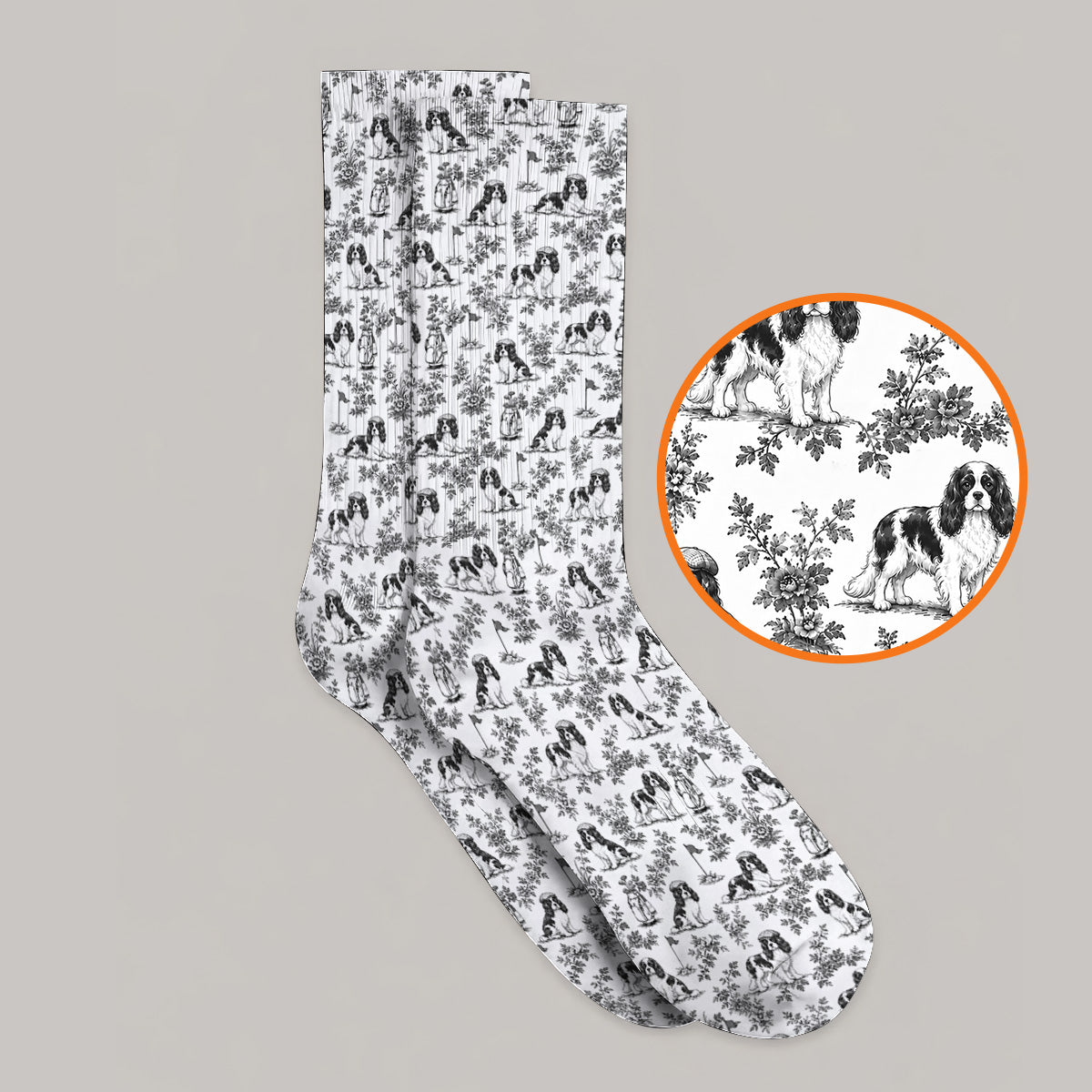 Funny Cavalier King Charles Spaniel Golf Sock, Toile de Jouy Cavalier Pattern Golf Socks, Golf Gift For Golfer
