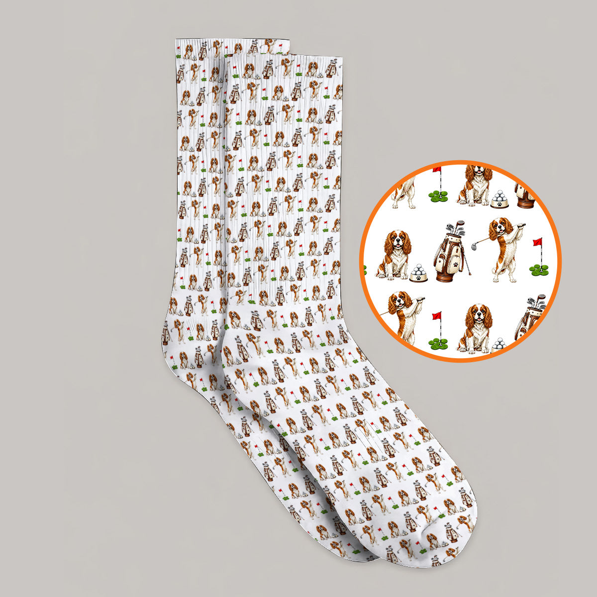 King Charles Cavalier Spaniel Golf Socks For Golfer, King Charles Cavalier Spaniel Pattern Golf Sock, Dog Lover Golf Gift