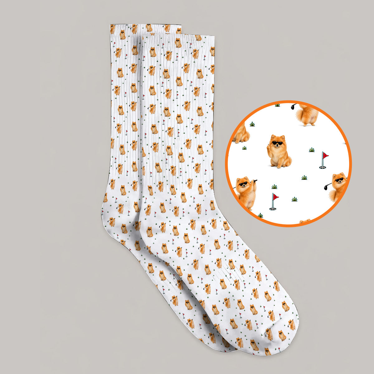 Golden Pomeranian Pattern Golf Socks, Cute Pomeranian Dog Golf Sock, Golf Gift For Golfer