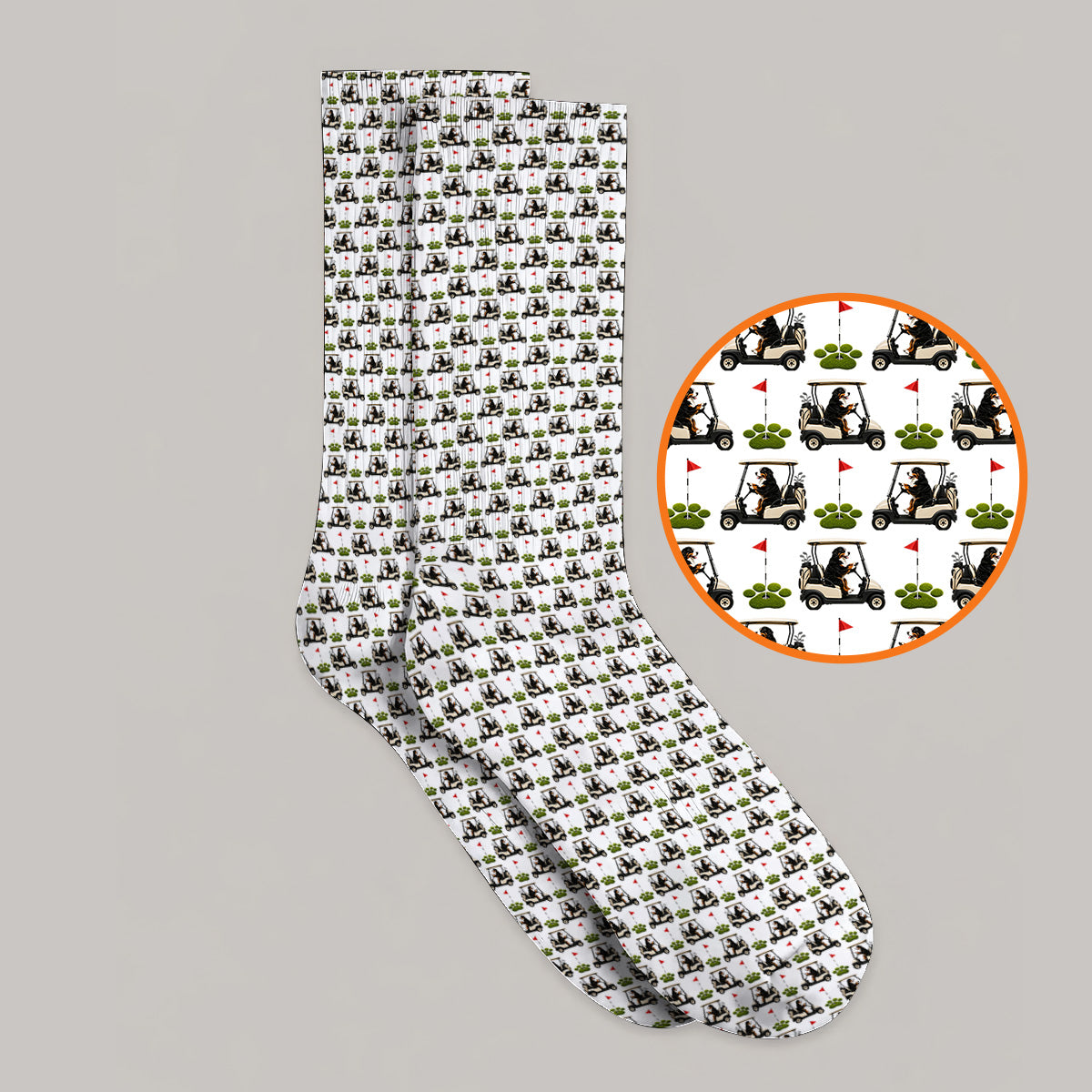 Bernese Mountain Golf Cart Pattern Socks, Funny Bernese Golf Sock, Golf Gift For Golfer