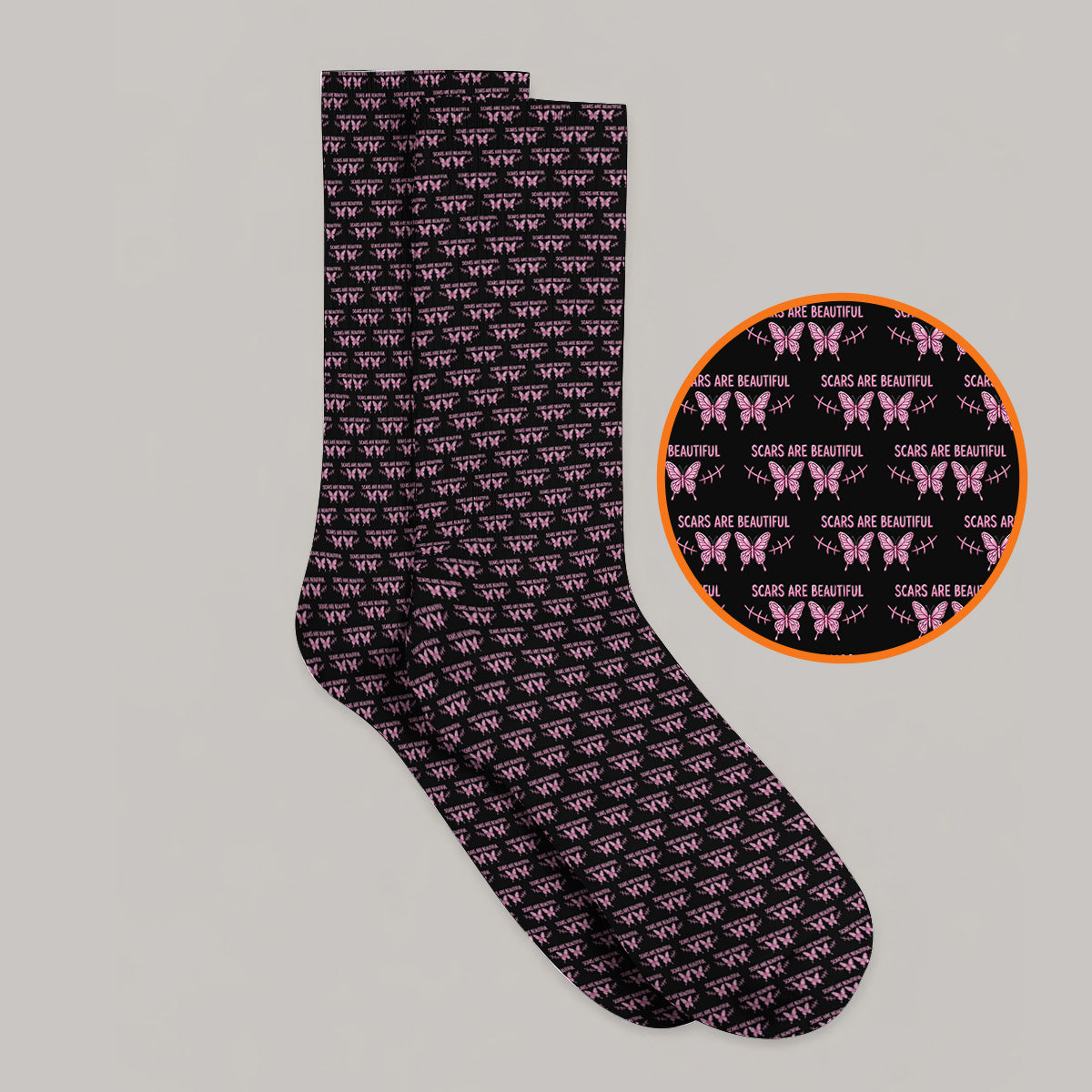 Scars Are Beautiful Breast Cancer Awareness Golf Socks, Pink Butterfly Survivor Pattern Sock, Inspirational Golf Gift for Golfer