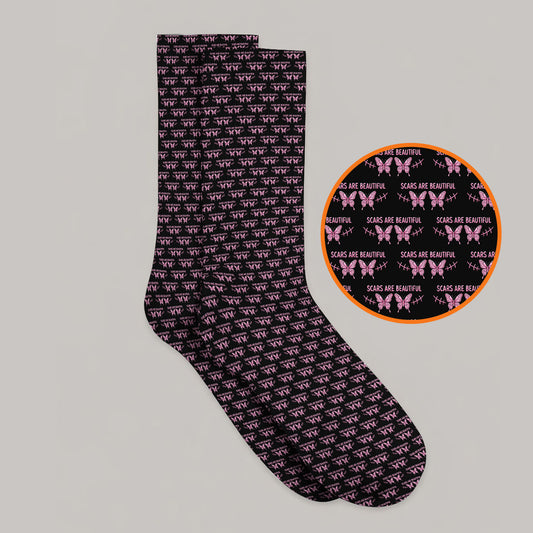 Scars Are Beautiful Breast Cancer Awareness Golf Socks, Pink Butterfly Survivor Pattern Sock, Inspirational Golf Gift for Golfer