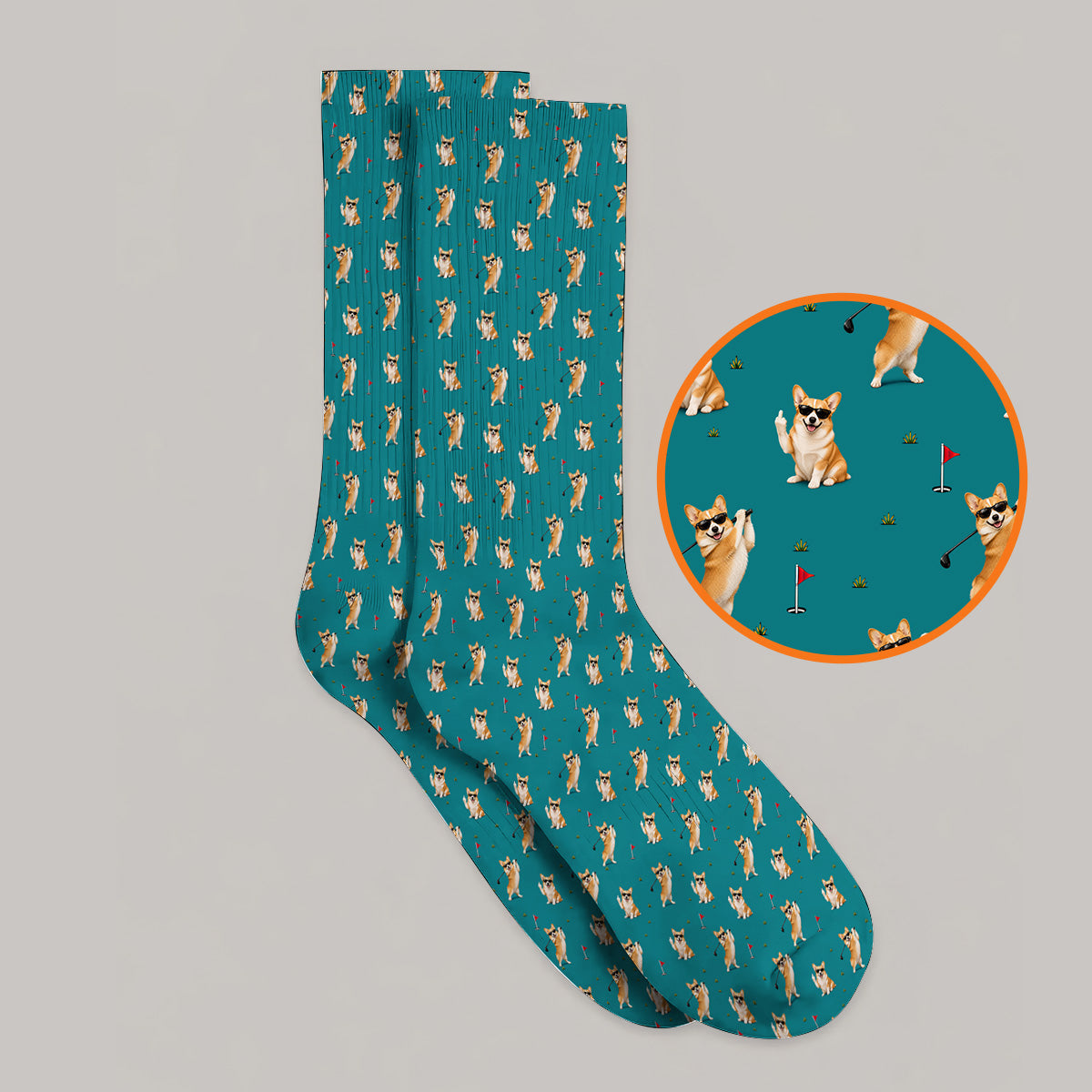 Funny Corgi Pattern Golf Socks, Pembroke Welsh Corgi Golf Sock, Golf Gift For Golfer