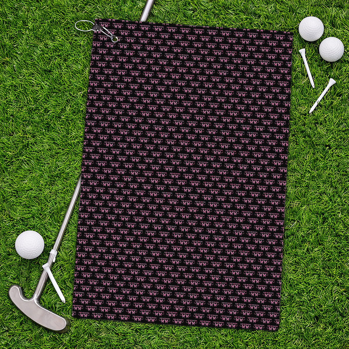 Scars Are Beautiful Breast Cancer Awareness Golf Towel, Pink Butterfly Survivor Pattern Towels, Inspirational Golf Gift for Golfer
